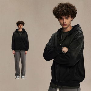 Sweat-shirt à capuche oversize vintage pour homme de haute qualité 450GSM, fermeture éclair, délavé dégradé, style hip-hop, personnalisé, teinture par pulvérisation - Product Image 1