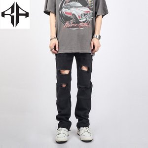 Transferencia de calor impreso de punto lavado hombres transpirable algodón recto pierna ancha holgado alta calidad al por mayor Regular Fit Denim - Product Image 4