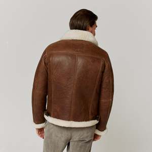 Wholesale Custom Sherilyn Leather Brown Biker <b>Jacket</b> <b>men</b> <b>Sheepskin</b> Shearling Biker Belted Leather <b>Jackets</b> for <b>men</b> - Product Image 4