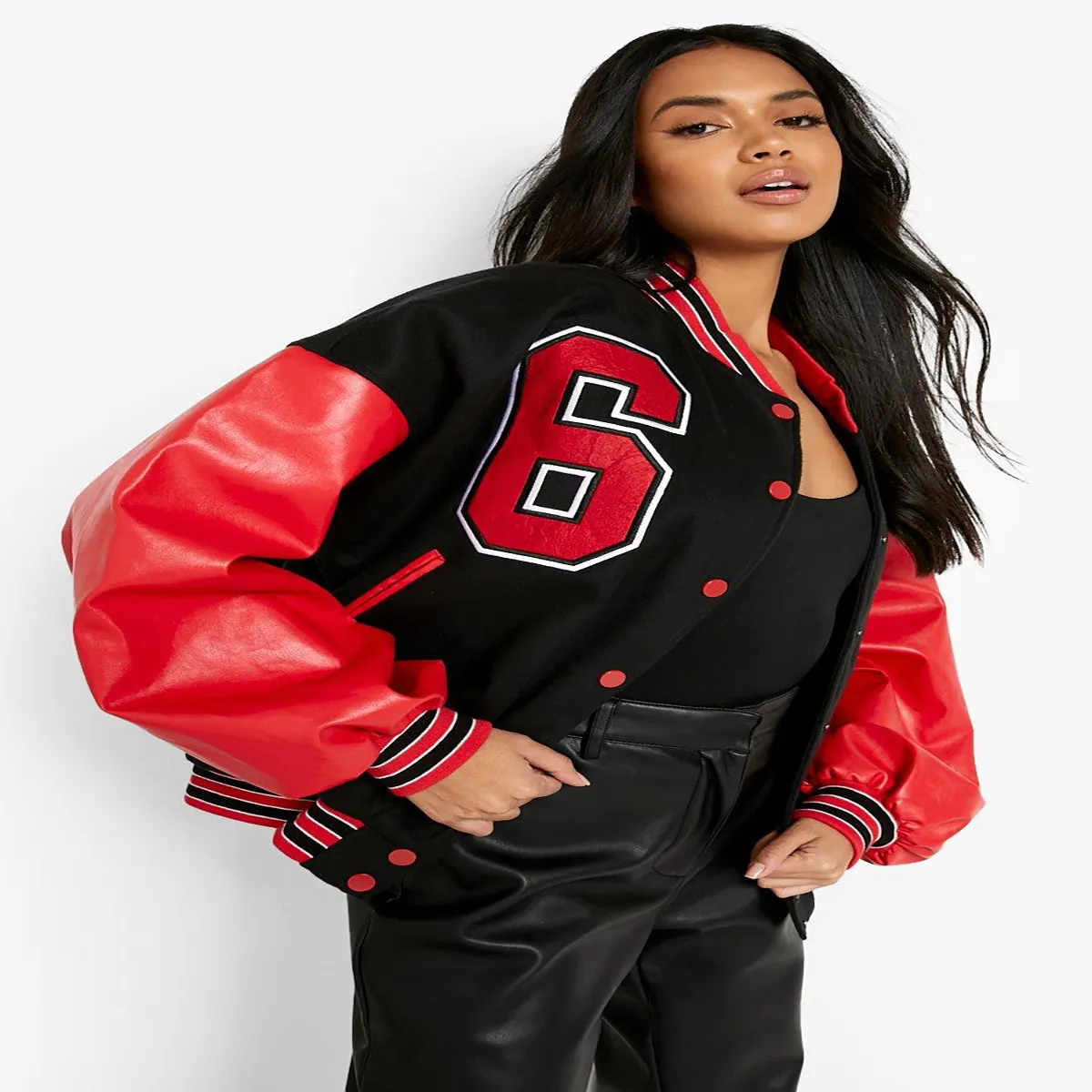 Chaqueta Varsity de manga larga para mujer de nuevo estilo, ropa de mujer, abrigo personalizado, chaqueta Varsity con mangas de cuero corporal de lana