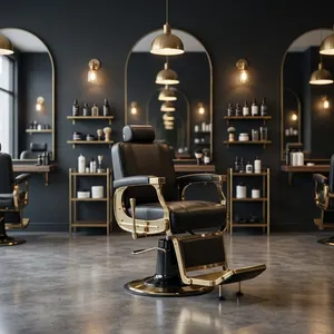 Ensemble de fauteuil de barbier avec miroir, table, siège en cuir, pompe hydraulique, hauteur réglable, design industriel, salon commercial, salon de coiffure - Product Image 3