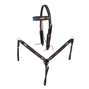 Juego de arreos de cuero genuino 100% de alta calidad, hecho a mano en estilo occidental, cabezada y pechera duraderas, artesanía RN Enterprises - Product Image 1