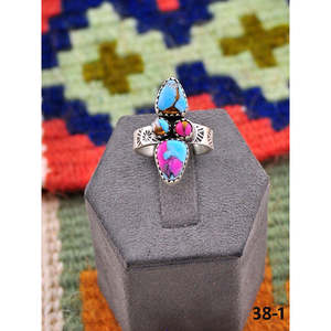 Bague réglable style Southwest en argent sterling et Mohave, incrustation de coton doux et de turquoise avec sertissage clos, idéale pour un cadeau - Product Image 1