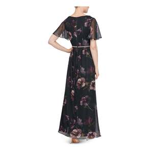 LSNY Fashions Abito floreale blu navy da donna con collo a cappuccio, maniche corte, vita decorata con perline, linea ad A, in chiffon, taglia 10P - Product Image 2