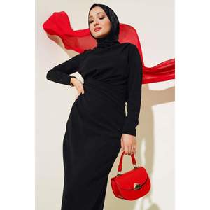 Vestido Negro con Detalle de Pliegues y Patrón Regular, Origen TR - Product Image 3