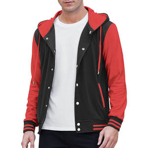 Veste de sport premium pour homme |   Blouson Bomber Streetwear en Toile Polaire Noir et Rouge Cramoisi à Manches Contrastantes Style Preppy Letterman - Product Image 1