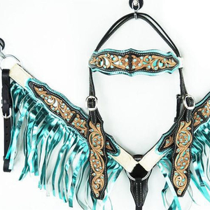 Conjunto de cabezada y pechera de cuero genuino premium azul personalizado con flecos 3D estilo western, duradero, ligero y con diseños de moda. - Product Image 1