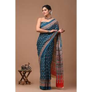 Sari Jaipuri Banarasi en coton Mul Mul doux imprimé, tissu en georgette lourde et filet modal, avec broderie, style indien pakistanais, prix bas - Product Image 1