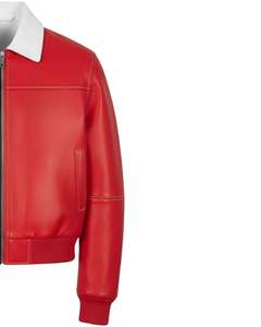 Chaqueta de Cuero para Hombre, Diseño de Bloques de Color Negro y Rojo, Cuello Blanco, Cierre de Cremallera, Dobladillo Acanalado, Estilo Bomber - Product Image 3