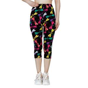 <b>Women's</b> High Waist Dragonfly Printed Leggings Elastic Waist <b>Capris</b> <b>Pants</b> <b>for</b> Gym Sports and Summer Casual Look Solid Pattern - Product Image 2