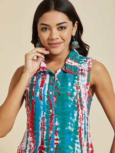 Nouveauté : Kurtis Rama pour femmes, prêt-à-porter, multicolores, imprimé tie-dye, col en V, coupe trapèze, en rayonne pure, avec pantalon palazzo assorti, vente en gros OEM - Product Image 6
