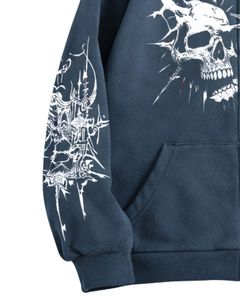Sudadera con Capucha y Cremallera Azul Lavada, con Estampado Gráfico de Calavera, Estilo Urbano Extragrande, Chaqueta Gótica de Felpa de Algodón para Mujer, Fabricante Personalizado - Product Image 6