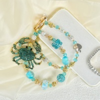 Breloque de téléphone en strass et perles, motif crabe, perles de cristal bleu lac, porte-clés, ornement de sac style océan