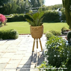 Ensemble de support de panier à plantes en bois naturel et en osier Pots de fleurs et support de jardinière en rotin et bambou avec support de jambe pour plantes de jardin - Product Image 5