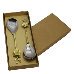 Restaurante Mate Plata Pulido Cuchara Tenedor Servidor de ensalada Juego con diseñador Ramita dorada con hojas Servidor de ensalada de mango largo - Product Image 3