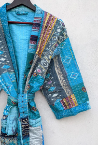 Vintage été soie Kantha luxe respirant à la main col en v Kimono Robe recyclé Patchwork cordon femmes gratuit bain Dressing - Product Image 2