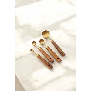 Gold Stainless Steel <b>Measuring</b> <b>Spoon</b> Set with Wooden Handle 4 Pcs Small Scoops - Product Image 2