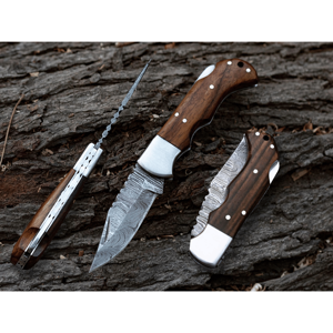 Couteau de poche pliant en acier damas fait à la main Offre Spéciale personnalisé OEM Design serrure arrière manche en bois de rose haute durabilité pour l'extérieur - Product Image 1