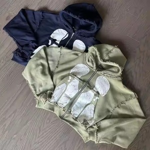 OEM logotipo personalizado Streetwear Sudadera con capucha hombres DTG estampado recortado Vintage Sudadera con capucha dobladillo crudo sin parche de cuerda cortar y coser sudadera - Product Image 3