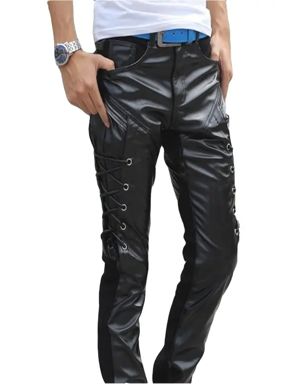 Celana kulit pria Fashion grosir musim gugur musim dingin baru 2023 celana dekorasi renda LFC-MP-3048