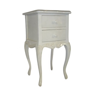 Table de chevet en bois massif peinte en blanc avec sculpture à la main de style antique, table de nuit classique de style européen, meubles de chambre et d'hôtel - Product Image 2