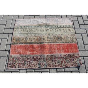 3x3.37 ft Turkish Vintage Eco-Friendly <b>Wool</b> Rug <b>Red</b> Patchwork Check Rug with Latex Backing - Product Image 3