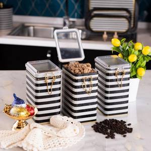 Coffret rectangulaire en métal 75x100x150mm (3 pièces) Fermoir en fil métallique et couvercle transparent Motif de ligne noir et blanc Design de ligne - Product Image 1