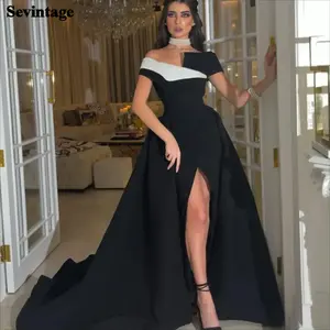 Vestido de gala formal de satén con hombros descubiertos, corte A, cola capilla, cintura imperio, mangas cortas, talla XL para fiestas - Product Image 1