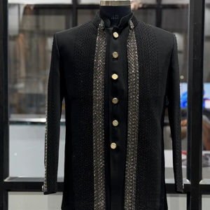 Traje Indo-Occidental de Alta Gama para Hombre con Pedrería, Sherwani Negro para Boda, Ropa de Novio India Personalizada al por Mayor, Elástico - Product Image 1