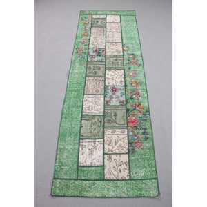 พรมตุรกีโบราณ ขนาด 2.4x7.3 ฟุต (73x223 ซม.) พรมขนสัตว์สีเขียว - Product Image 1