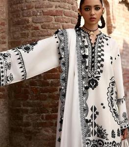 Vêtements de détente pour femmes ensembles coordonnés sur toute la longueur avec des manches mousseline de coton indien pakistanais ensembles modestes ivoire salwar kameez - Product Image 4