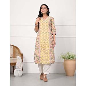 Yellow Floral-<b>Printed</b> Straight Kurti Traditional Indian Ethnic Cotton Butti <b>Block</b> Stitched for Daily Wear Parties Made Rayon - Product Image 3
