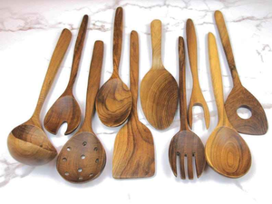 Juego de utensilios de cocina de madera de teca natural para camping, ecológicos, con mango largo y duradero, cucharas de madera - Product Image 6
