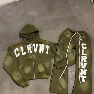 Chándales Vintage Sun Faded Hoodie Pantalones acampanados personalizados Chándal bordado desgastado Conjunto de joggers térmicos de color sólido para hombre - Product Image 3