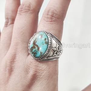 Anillo de Plata de Ley 925 con Turquesa Tibetana Natural para Hombre, Piedra de Nacimiento de Diciembre, Regalo de Navidad, Venta al por Mayor - Product Image 2