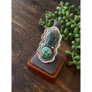 Bague ajustable style bohème, faite main Navajo, en argent sterling avec incrustation de pierre taillée en turquoise Thunder Mountain, pour usage quotidien - Product Image 3