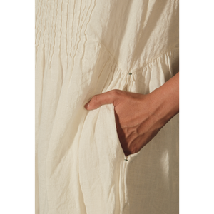 Vestido BRAHMA - Estilo Casual de Lino con Pliegues, Color Marfil, Talla XS, Transpirable, Estampado Floral Bohemio, Estilo Oficina para Mujer, Natural, ODM, con Volantes - Product Image 3