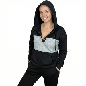 Sweats à capuche pour femmes sur mesure, à blocs de couleur, boutonnés, avec poche kangourou, manches longues, décontractés, pull-over, prix de gros OEM - Product Image 1