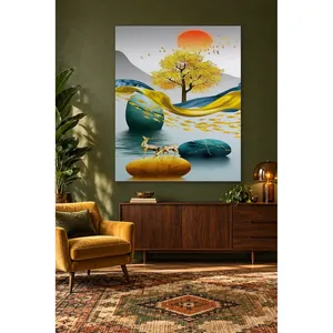 Impression sur toile Fida Golden Tree and Deer sur pierres vertes - Product Image 2