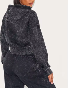 Sweat à capuche vintage lavé à l'acide en coton éponge imprimé avec fermeture éclair pour femmes Sweat à capuche court avec poche - Product Image 3