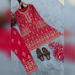 ชุดคุर्ติ ชารารา และผ้าคลุมไหล่ 3 ชิ้น ผ้าจอร์เจตต์เนื้อหนา หรูหรา พร้อมงานปักมือ ขายส่งราคาถูก - Product Image 6