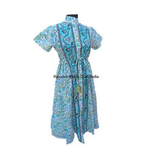 Robe longue en coton imprimé floral à col roulé et manches courtes, tricotée, écologique, moderne, simple, style décontracté pour le jardin et l'extérieur - Product Image 5