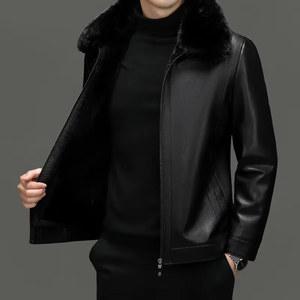 Manteau en cuir à col en fourrure pour homme, hiver, nouveau, épaissi, chaud, col en fourrure amovible, veste en cuir décontractée pour homme, vestes pour homme - Product Image 4