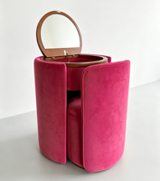 Ensemble coiffeuse et tabouret de maquillage en bois rembourré de velours, style vintage moderne de luxe, avec rangement dissimulé et miroir rond