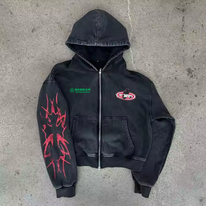 OEM qualité supérieure hommes sérigraphié sweats à capuche avec fermeture éclair et décoloration sweats à capuche personnalisés vintage lavé en détresse broderie sweat à capuche - Product Image 6