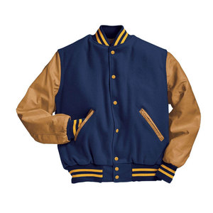 Veste universitaire bleu marine pour homme avec manches en cuir marron classique Letterman Baseball Bomber Jacket Casual College Outerwear - Product Image 1