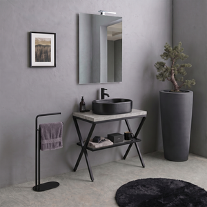 Mobiletto da Bagno Koricini Manchester 60cm con Ripiano in Vetro e Top in Cemento & Specchio 60x80cm - Metallo Nero - Product Image 2
