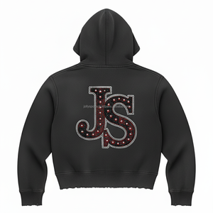 Sudadera con capucha de invierno gruesa Unisex, forro polar pesado 450 GSM, cremallera completa, logotipo de letra JS, estilo bordado de diamantes de imitación, sudaderas básicas - Product Image 2
