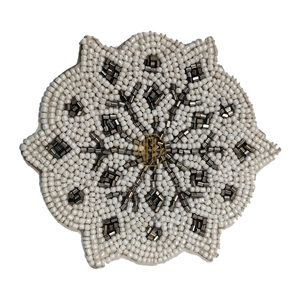 Exclusive Trending Handcrafted Beaded <b>Coaster</b> Elegant Traditional Tea Mat with White and <b>Black</b> Floral Design for Decor - Product Image 1