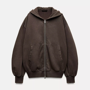 Venta al por mayor de alta calidad sudaderas con capucha de las mujeres 80% Algodón 20% poliéster Color liso bordado Zip Up Oversize Drop Shoulder Hoodie - Product Image 5